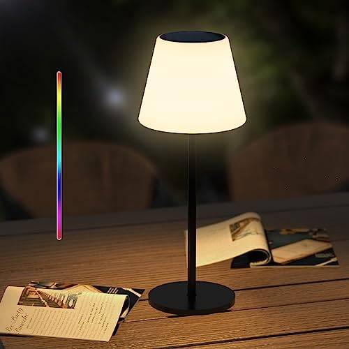 Ecvivk Solar Tischlampe Outdoor Tischleuchte mit Lichtsensor,Dimmbar Warmweiß und RGB LED Tischlampe Kabellos,Tragbare Aufladbar Solarlampen Outdoor Tischlampe für Außen、Garten、Terrasse.