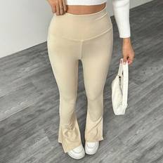 Sommar Outfits Solid Bredband Midja Delad Fåll Leggings - Aprikos - L,M,S,XL,XS,XXL,XXS