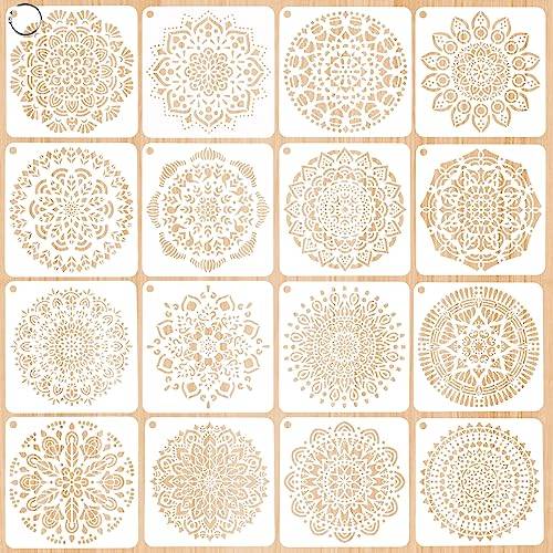16 stycken mandala-schabloner återanvändbara målningsmall tillbehör blommor hantverk scrapbooking schablonset airbrush schabloner väggdesign för målning på trä tyger vägg golv möbler