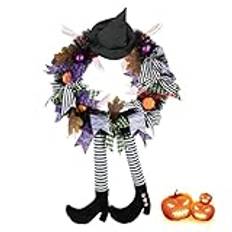SHAVINGFUN Halloween-dekorationer, halloweenkrans, halloween häxa krans svart krans med hatt häxor ben pumpa, inomhus utomhus hem halloween dekor