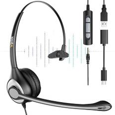 Wantek Headset mit Mikrofon 601F Single Ear Kopfhörer mit Noise Cancelling Mic und 3,5mm/USB/Type-C Stecker für Computer Laptops Smartphones Online Konferenzen