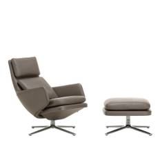 Vitra - Grand Relax + Ottoman Low, Aluminium Polished Base, Back/Seat Leather Premium Umbra Grey, Felt Glides For Hard Floor - Snurrfåtöljer - Antonio Citterio - Grå - Dun/MDF/Läder/Metall/Syntetiskt/Skum