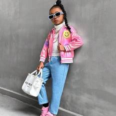 2 st Unga flickor Outfit - Fleece rosa baseballjacka med 3D-broderat leende ansikte och jeansbyxor. Snyggt och trendigt set för unga flickor i höst/vi (6Y,7Y,4Y,5Y)