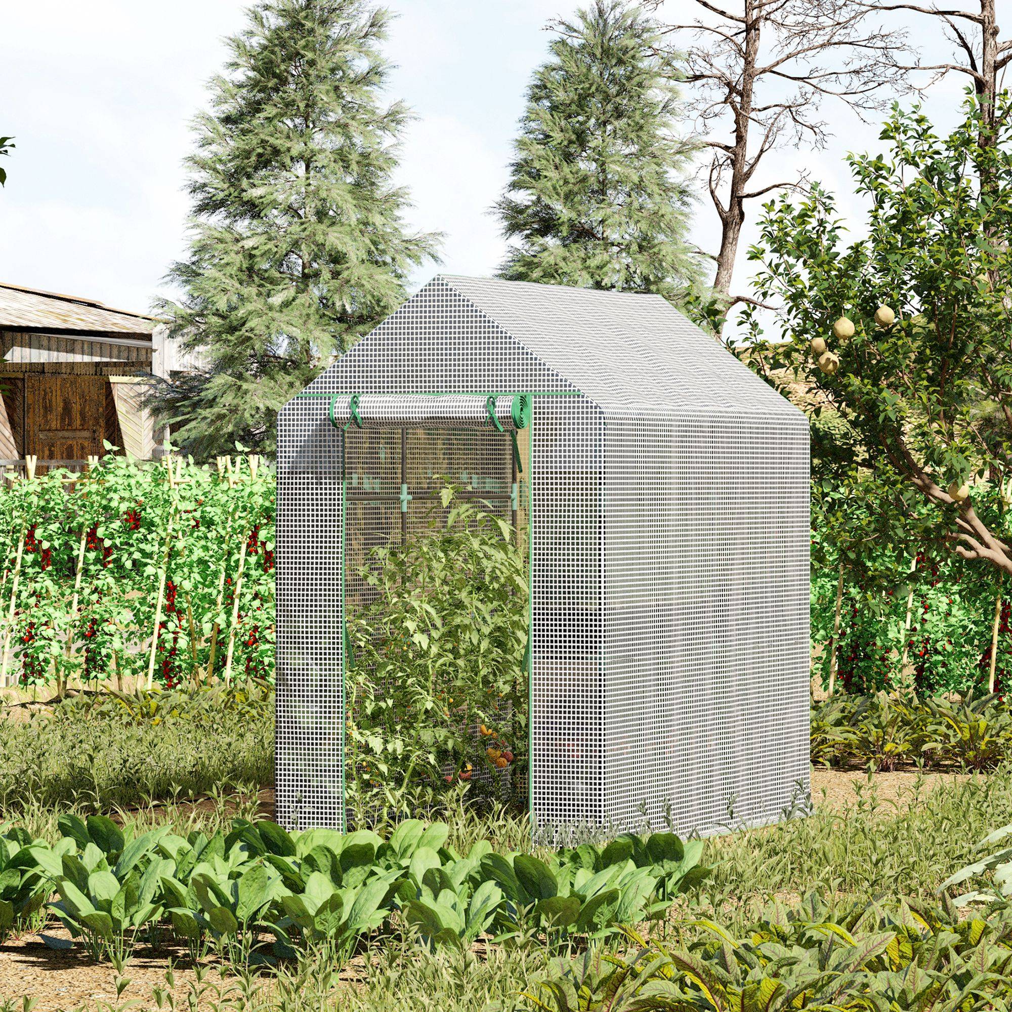 Walk-in polytunnel drivhus med 4 hylder, tomatdrivhus, drivhus, kold ramme med dør, grøn, stål, PE, 120 x 186 x 190 cm.