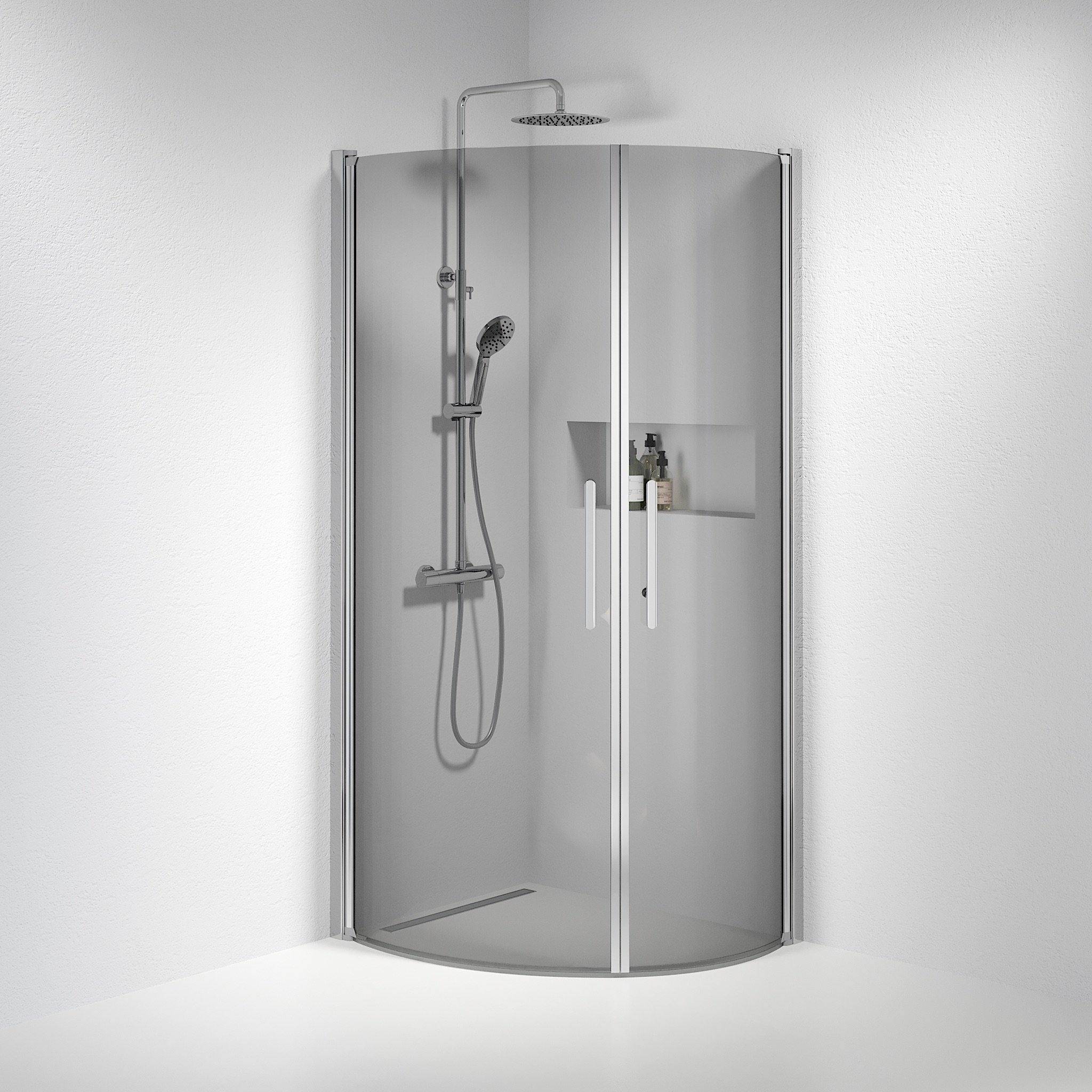 Vänern Brusehjørne, Buet, Krom Profil, Tonet Glas - 80 x 80 cm