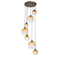 Smart hanglamp donkerbrons met amber glas 7-lichts incl. 7 Wifi A60 - Sandra