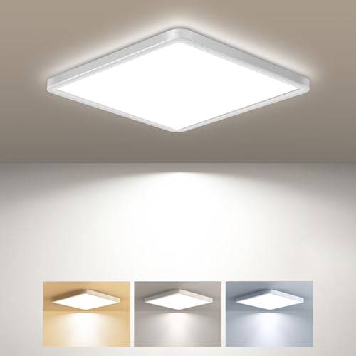 zemty Deckenlampe LED Deckenleuchte Flach, 3Farben - 3000K/4000K/6500K, Wasserfest Quadrat Badlampe Decke, 1800LM Modern LED Decklit für Flur küche Badezimmer Schlafzimmer Büro, Ø18CM