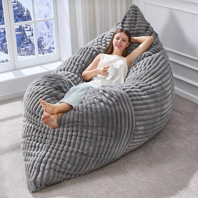 3-In-1 Convertible Bean Bag Chair with Corduroy Fabric, Memory Foam Lounger with Removable, Washable Cover, 185L x 132W cm, Light Gray Aosom UK