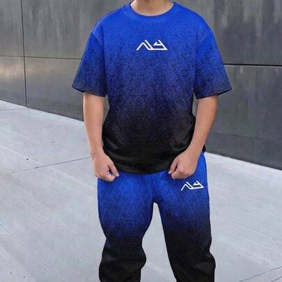 Casual vardagsoutfit för tween-pojkar med kortärmad t-shirt i gradient och långbyxor - Multifärgad (8Y,9Y,10Y,11Y,12Y)