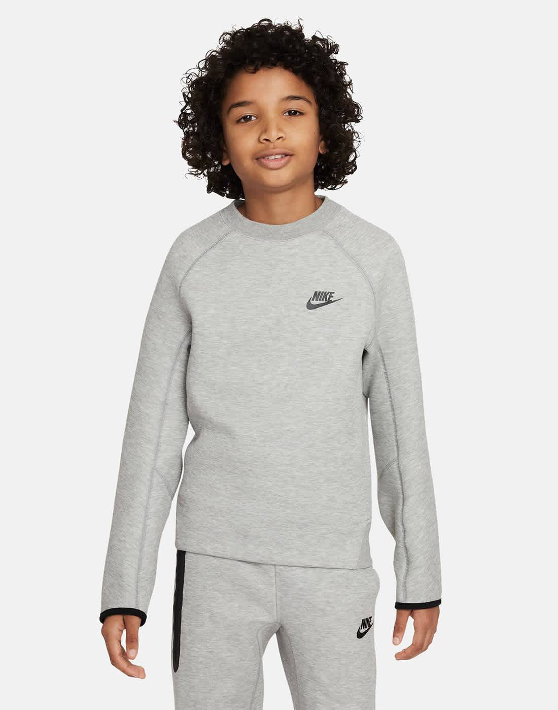 Nike Older Kids Tech Fleece Crew Neck Sweatshirt Wh in Grey/Black