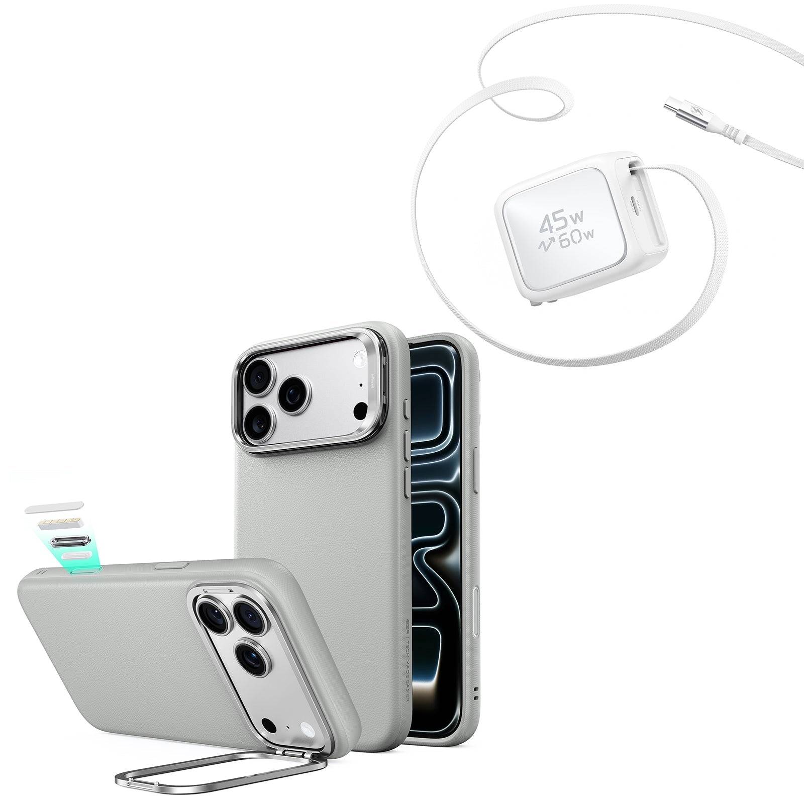 iPhone 18 Pro Max Atelier Silicone Leather Magnetic Case with Camera Control and Flex Stand, Plus Xtend 45W Retractable Charger Bundle - Gray - Black