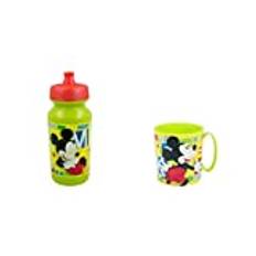 ALMACENESADAN 4687, Disney Musse Pigg, bestående av 350 ml mikrovågsugn kopp och 340 ml vattenflaska återanvändbar produkt, BPA-fri