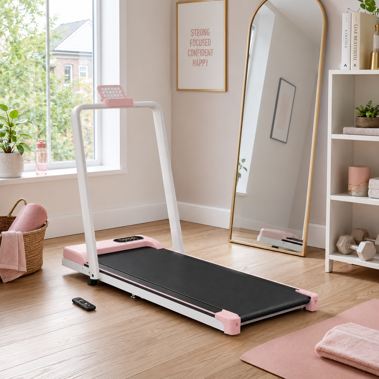Folding Treadmill with Adjustable Incline, LED Display & Remote Control, Space-Saving Treadmill for Rooms, 121L x 54.5W x 9.5H cm, Pink Aosom UK
