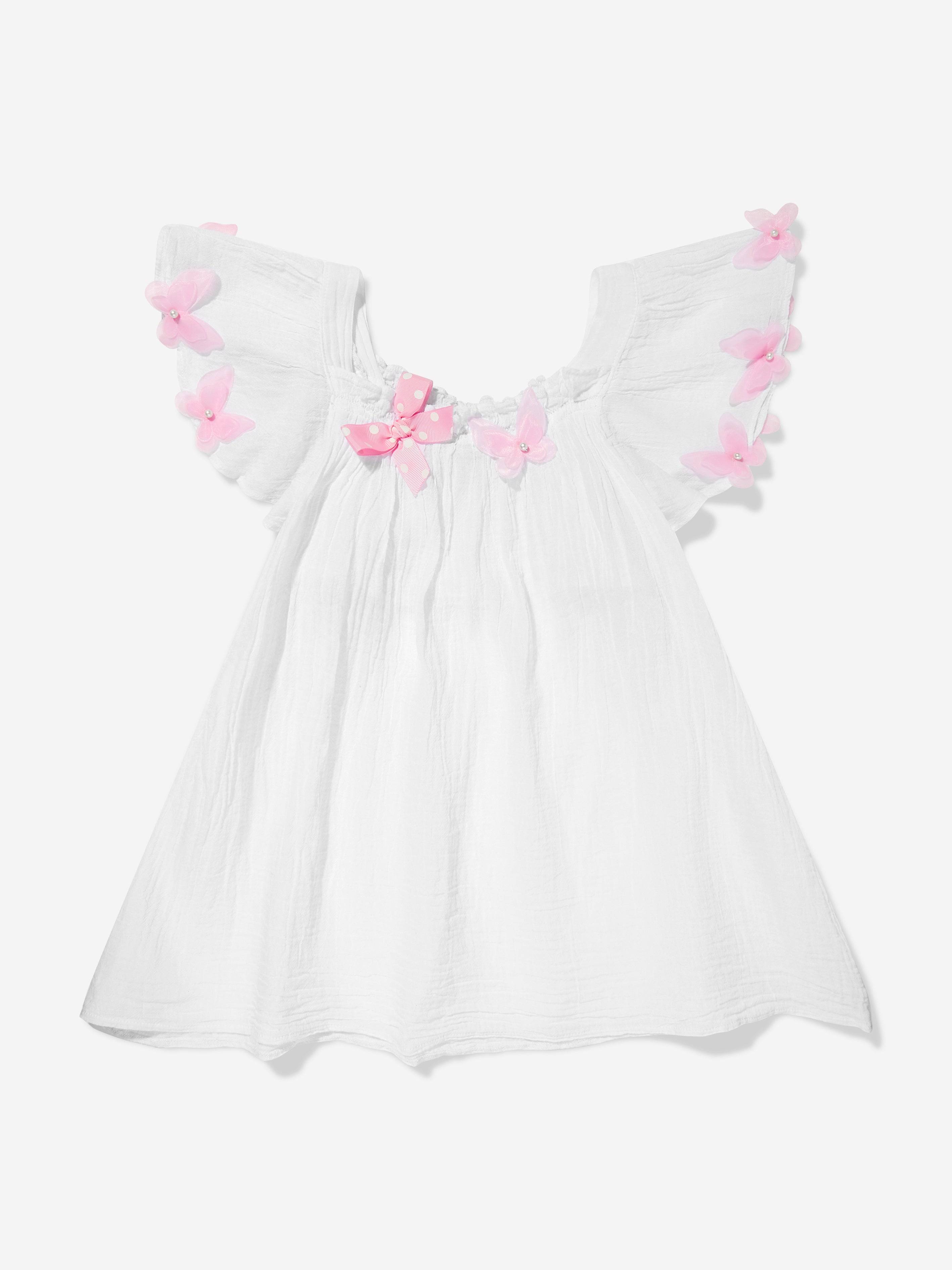 Selini Action Girls Cotton Butterfly Dress in White - White / 2 Yrs (2 Yrs)
