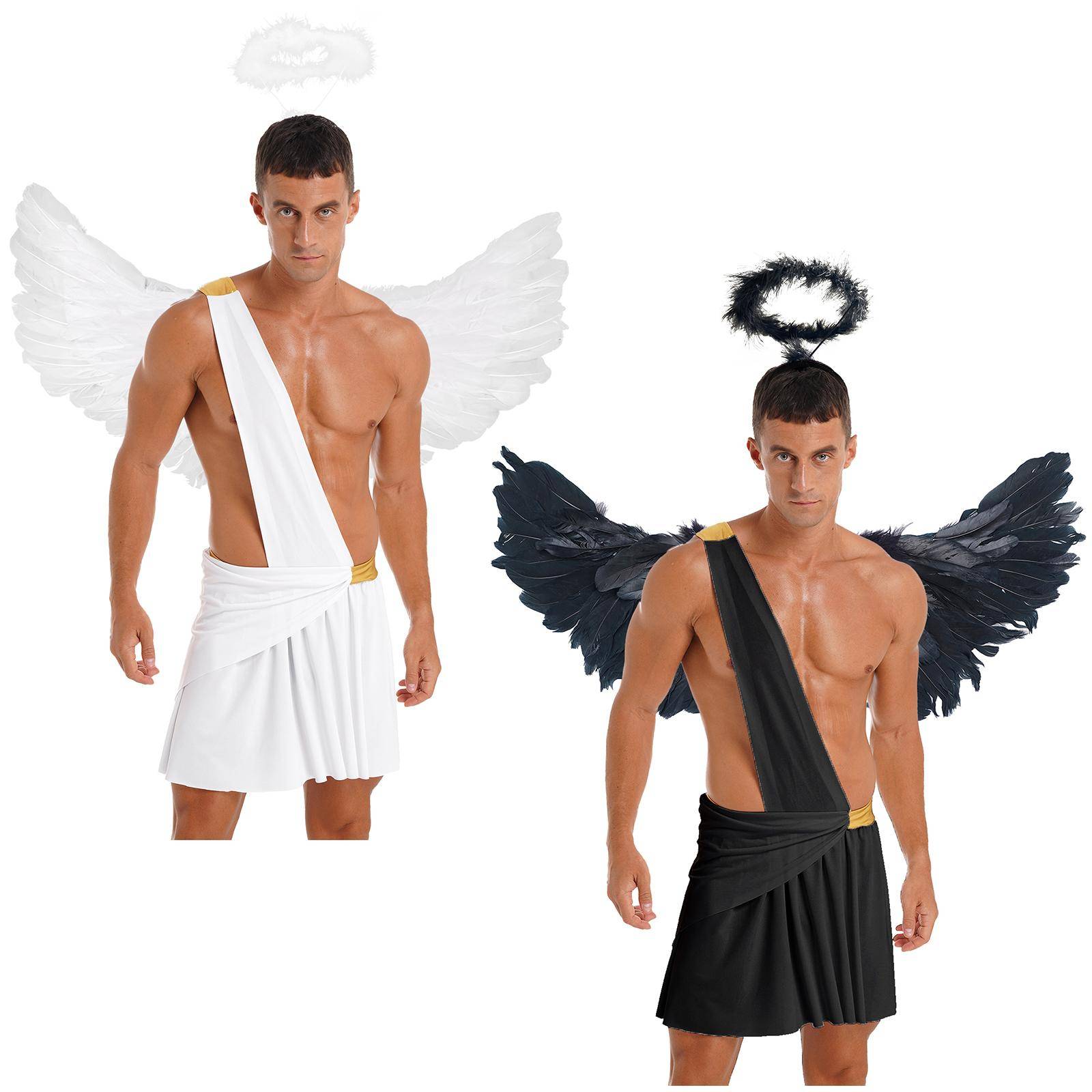 Herrängels Cosplay Kostymset Enaxlad Volangkjol Fjäderängelsvingar Hårband Halloween-utstyrsel cm vit