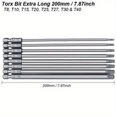 TEMU 1 Set Magnetic Torx Bit Extra Long 200mm Screwdriver Set Security Tamper Proof Star Torx Security Set With Hole For Drill Screw Driver Extended Length Hex Shank T8 T10 T15 T20 T25 T27 T30 T40