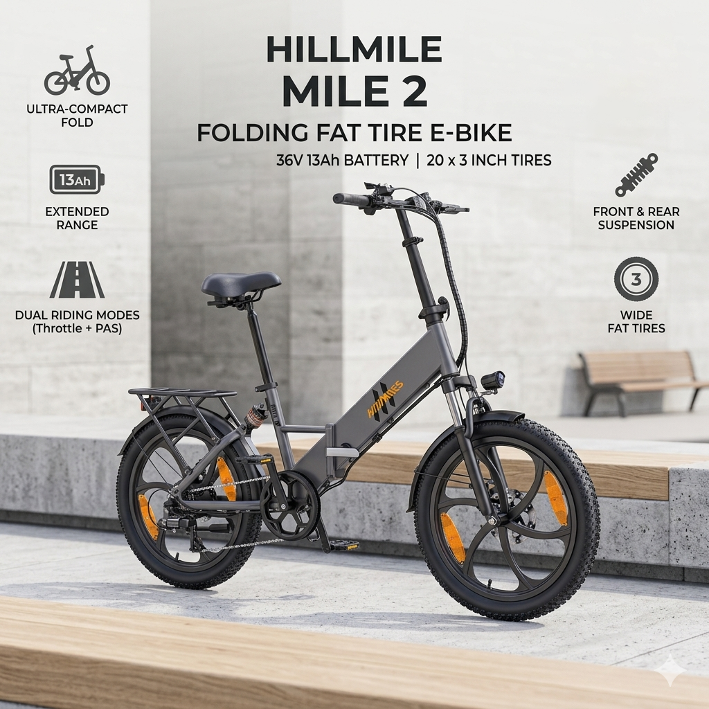 E Bike Adults Hillmiles Mile2 Hydraulic Brake 36V13AH Battery City commuting Electric Bicycle 20*3.0 Inch Fat Tire Off-Road Electric Bike