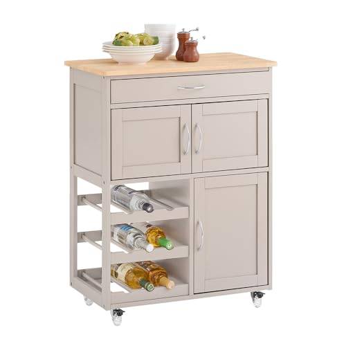 SoBuy Köksförvaringsvagn med arbetsyta – Serveringsvagn med hjul, lådor och vinhylla, kompakt köksö för matsal och utomhusbruk, Khaki 67x86x38 cm FKW45-KA