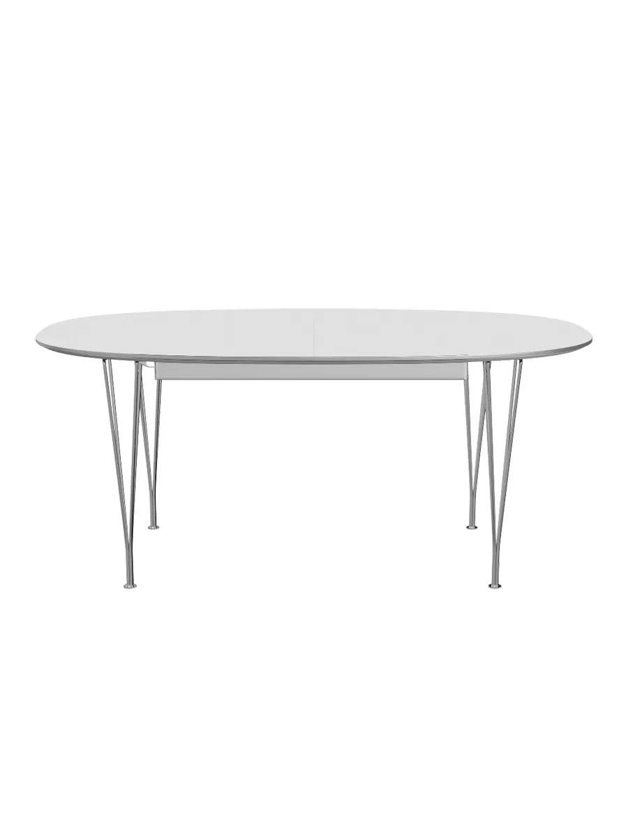Piet Hein B620 Superellipse udtræksbord, 170/270 x 100 cm fra Fritz Hansen Hvid laminat m. alukant - Krom stel - Jacobsen Plus