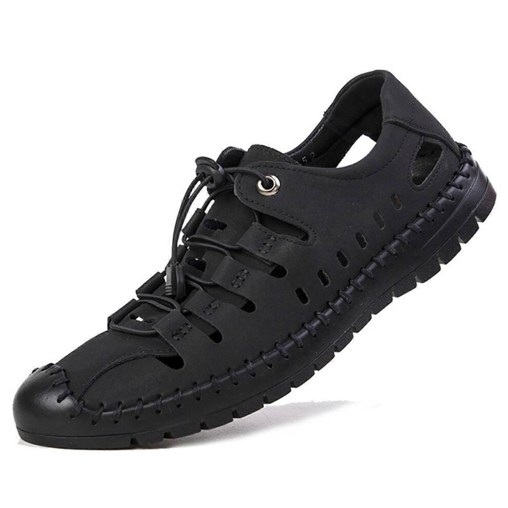(43, Black) Wrapped Toe Hollow Leather Sandals for Men Hiking Shoes for Summer/Beach