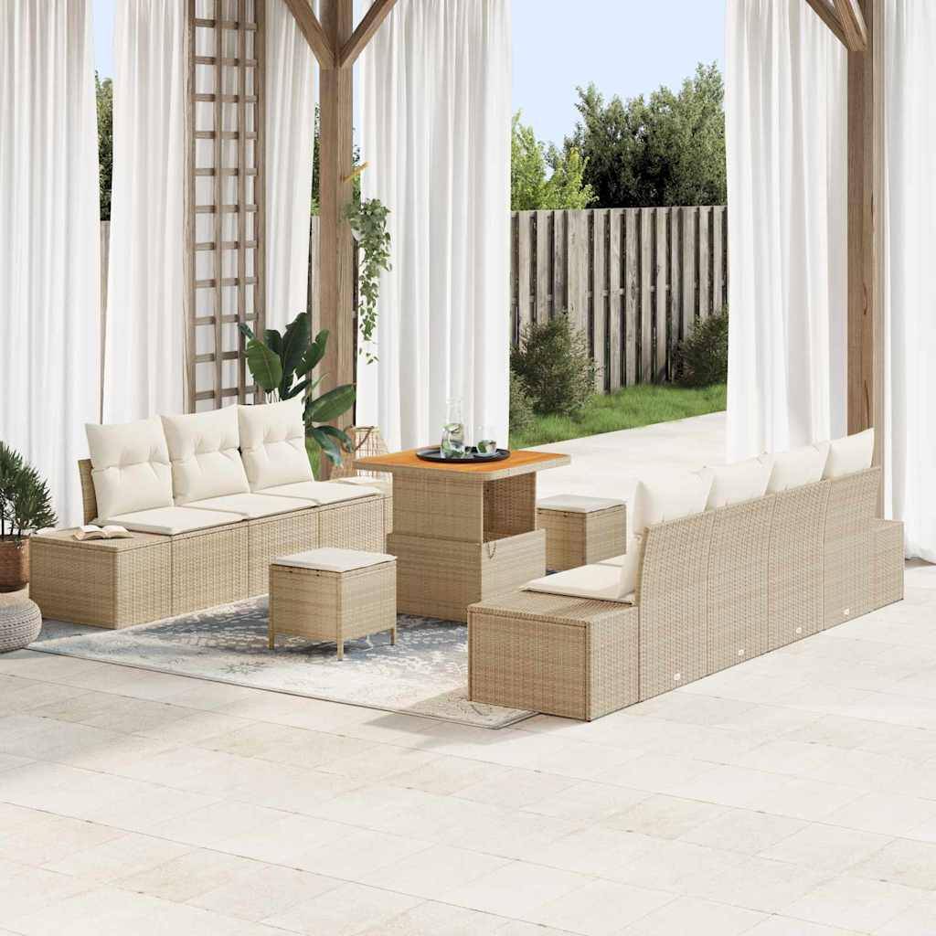 vidaXL Trädgårdsoffset med kudde med lagring 10 pcs Beige Poly rattan