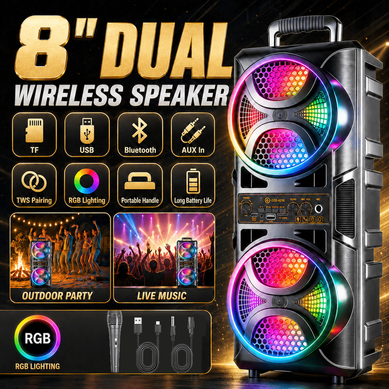Portable Wireless Wireless Speaker, Wireless 5.3 Stereo Subwoofer, Led Light, Fm/tws/mic/tf/usb, Outdoor Speaker For Party Camping Picnic, Holiday Gift For All Ages For