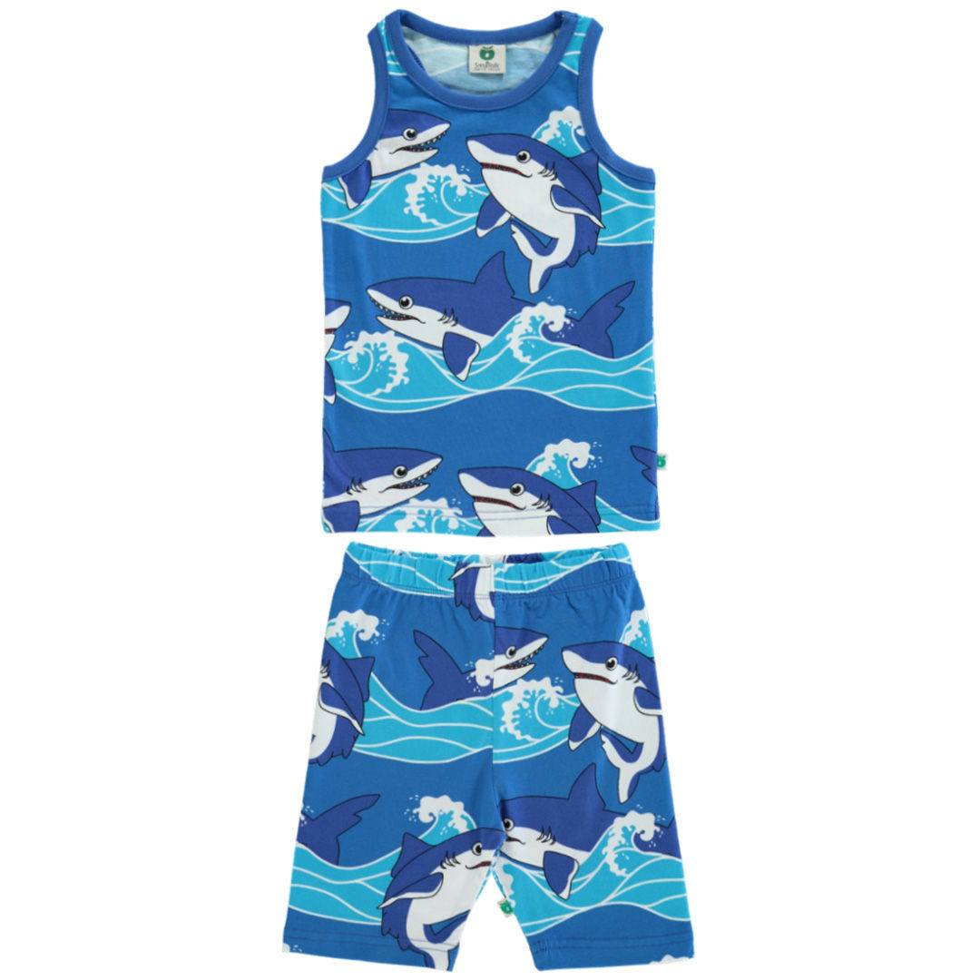 Tanktop og cykelshorts med hajer - Brilliant Blue / 11-12