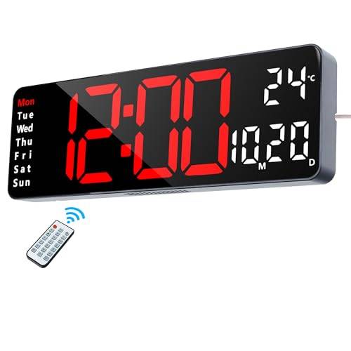 Lafocuse 33 cm Stor Digital Väggklocka med Fjärrkontroll, Temperatur