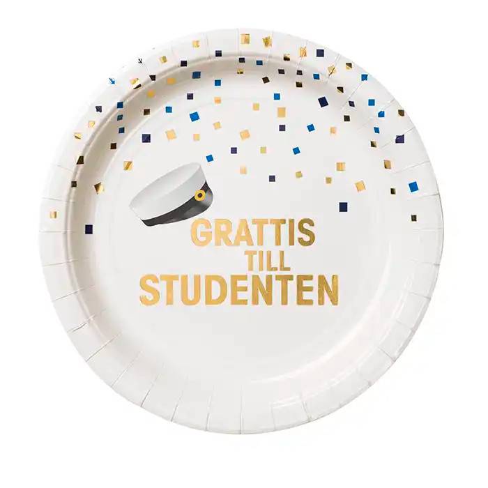 Papperstallrik Student konfetti 22 cm - Guld / Blå / Gul