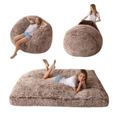 MAXYOYO Enorm sittsäckssäng – kan omvandlas från sittsäck till säng – stor soffa med plyschöverdrag och fluffig fyllning ingår, för vuxna, par, gäster (brun, 135 x 190 cm)