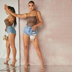 Ryggfri med Snörning Glitter Linne Bodysuit - Kaffebrun (L,M,S,XL,XS,XXL,XXS)