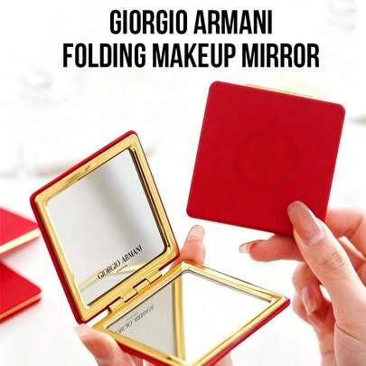Armani röd fällbar sminkspegel, 7*7 cm, dubbelsidig med förstoringsspegel, bärbar fickspegel, lyxigt skal, lätt och portabel, lämplig för personligt b