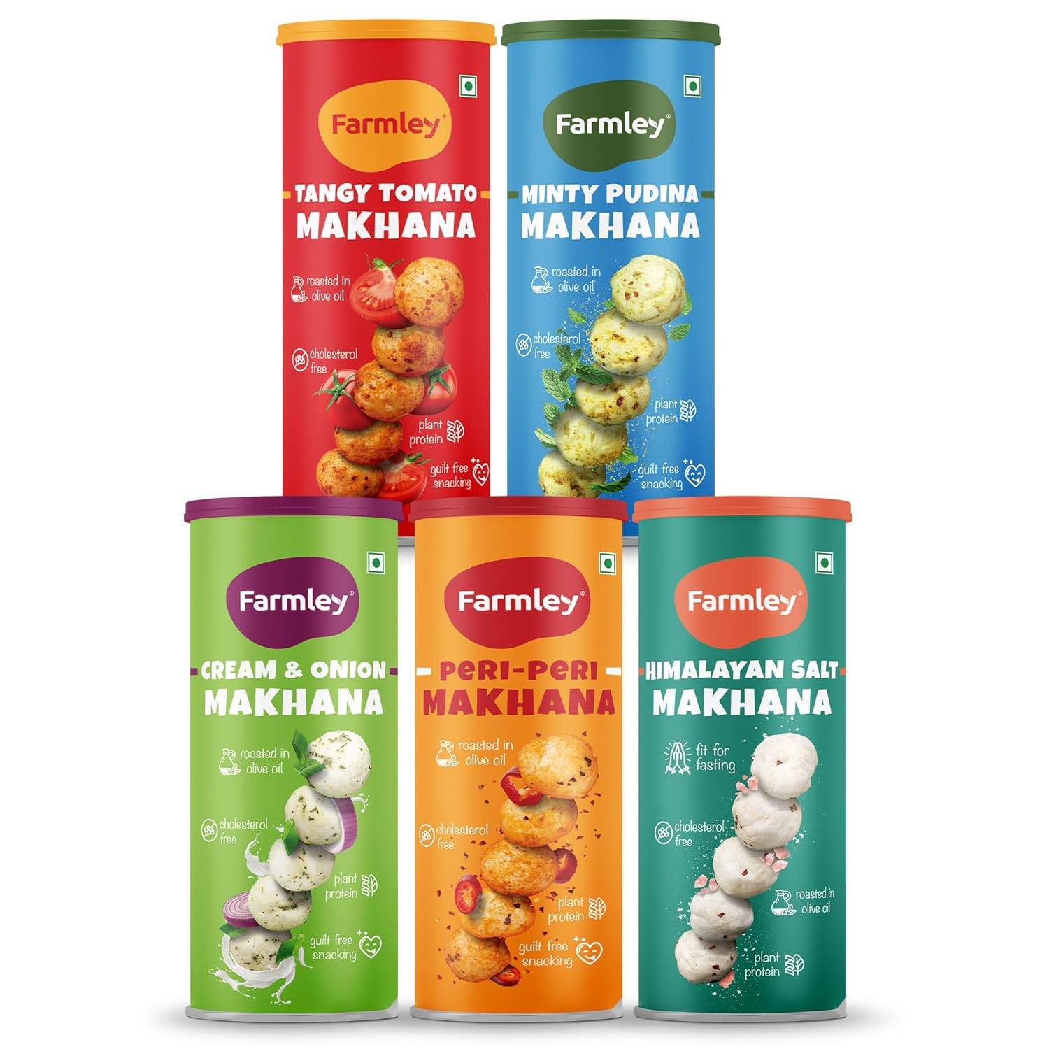 Rostade och smaksatta hälsosamma Makhana-snacks - Minty Pudina, Peri Peri, Tangy Tomat, Grädde & Lök, Himalayasaltad | (Kombinationspaket om 5, 90 g s