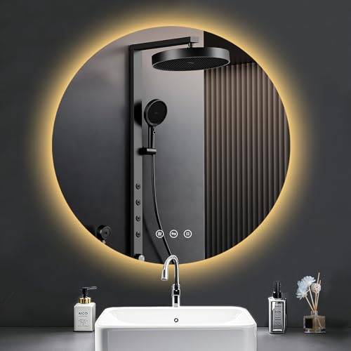 PESENXAN Badspiegel mit Beleuchtung 80cm, LED Bad Spiegel mit Licht, Antibeschlag, 3 Lichtfarben, Dimmbar, Touch-Schalter, Speicherfunktion, Runder Energiesparender Badezimmerspiegel