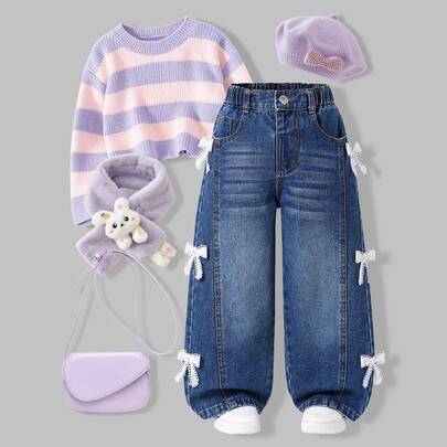 Jeans för ung flicka med spets, rosettdetalj, blektvätt och vida ben, höst/vinter - Mörktvätt (6Y,7Y,4Y,5Y)