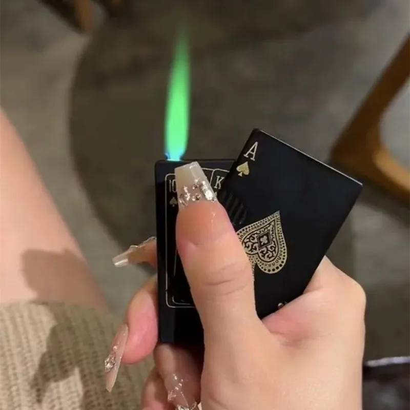 Poker Lighter Inflatable Windproof Green Flame Turbine Butane Gas Lighter Outdoor Windproof Men's Cigarette Accessories Gifts