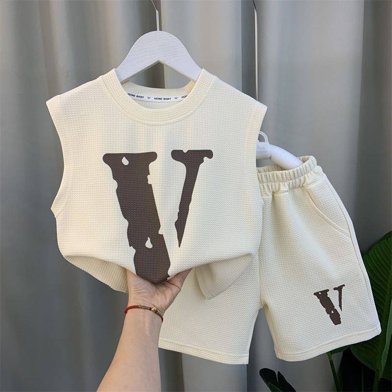 Boys' New Fashionable Summer Clothing Sleeveless Gym Clothes Pu Shuai Two-piece Suit - Beige / 140cm
