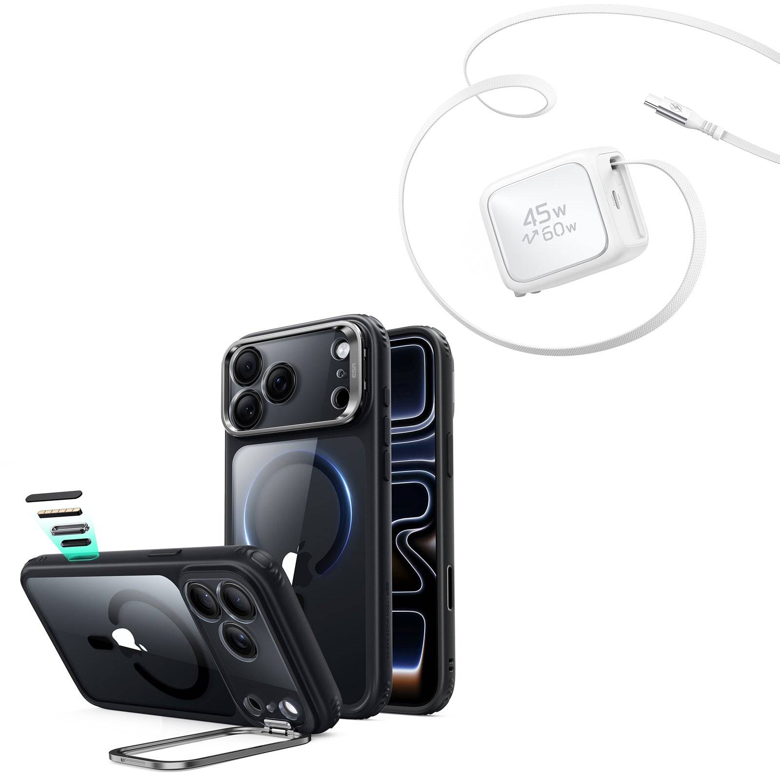 iPhone 18 Pro Max Classic Hybrid Magnetic Case with Camera Control and Flex Stand, Plus Xtend 45W Retractable Charger Bundle - Clear Black - Clear