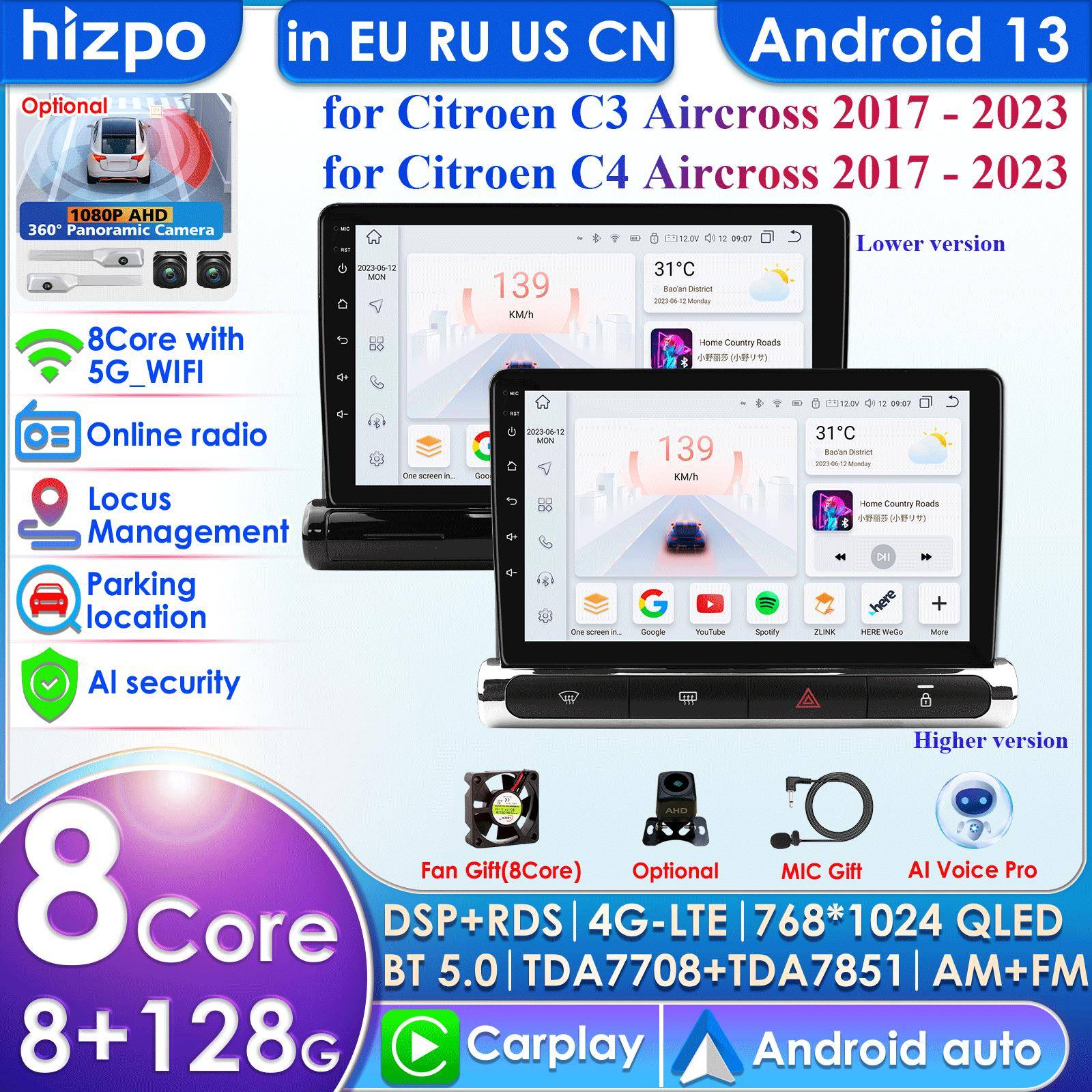 Hizpo 4G Carplay Android Auto Bilradio för Citroen C3 Aircross 2017-2023 C4 Aircross Multimediaspelare Autoradio GPS Stereo Intelligent Skärm RDS