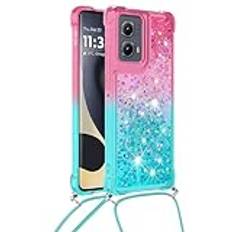 kompatibel med Motorola Edge (2024) Glitter Shockproof Case with Adjustable Lanyard, Gradient Quicksand Bling Liquid TPU Cover, PINK&B&LANYARD