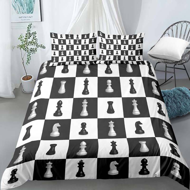 Schackbräde Påslakanset 3D-tryck Internationell Schack Svart Vitt Täcke Överdrag för Barn Pojkar Flickor Polyester Sängkläder Set 200x230cm 3pcs
