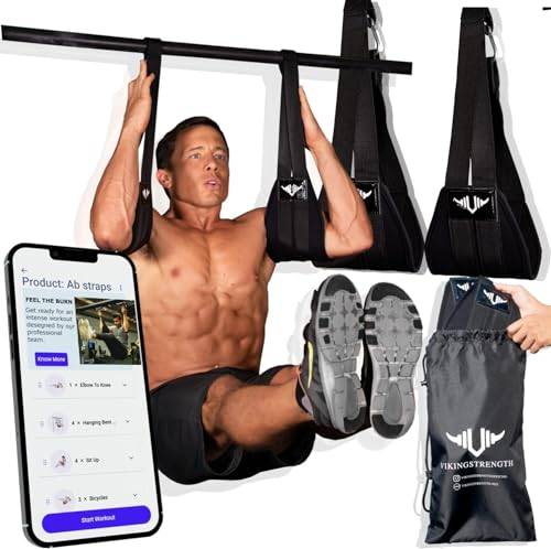 Vikingstrength AB remmar – premium vadderad hemmagym motioner, magslingor, par för pull-up bar – hängande benhöjare fitness för sexpack – träningsutrustning för män och kvinnor + bonusväska