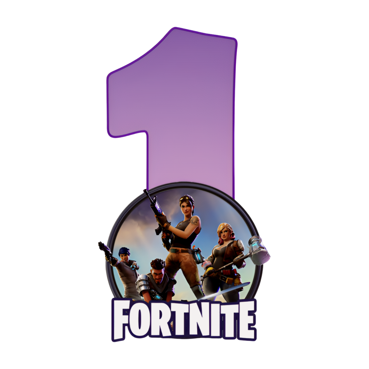 Fortnite kageprint med lilla 1-tal og helte Ø2–28 cm - 2,5 cm - 50 stk.
