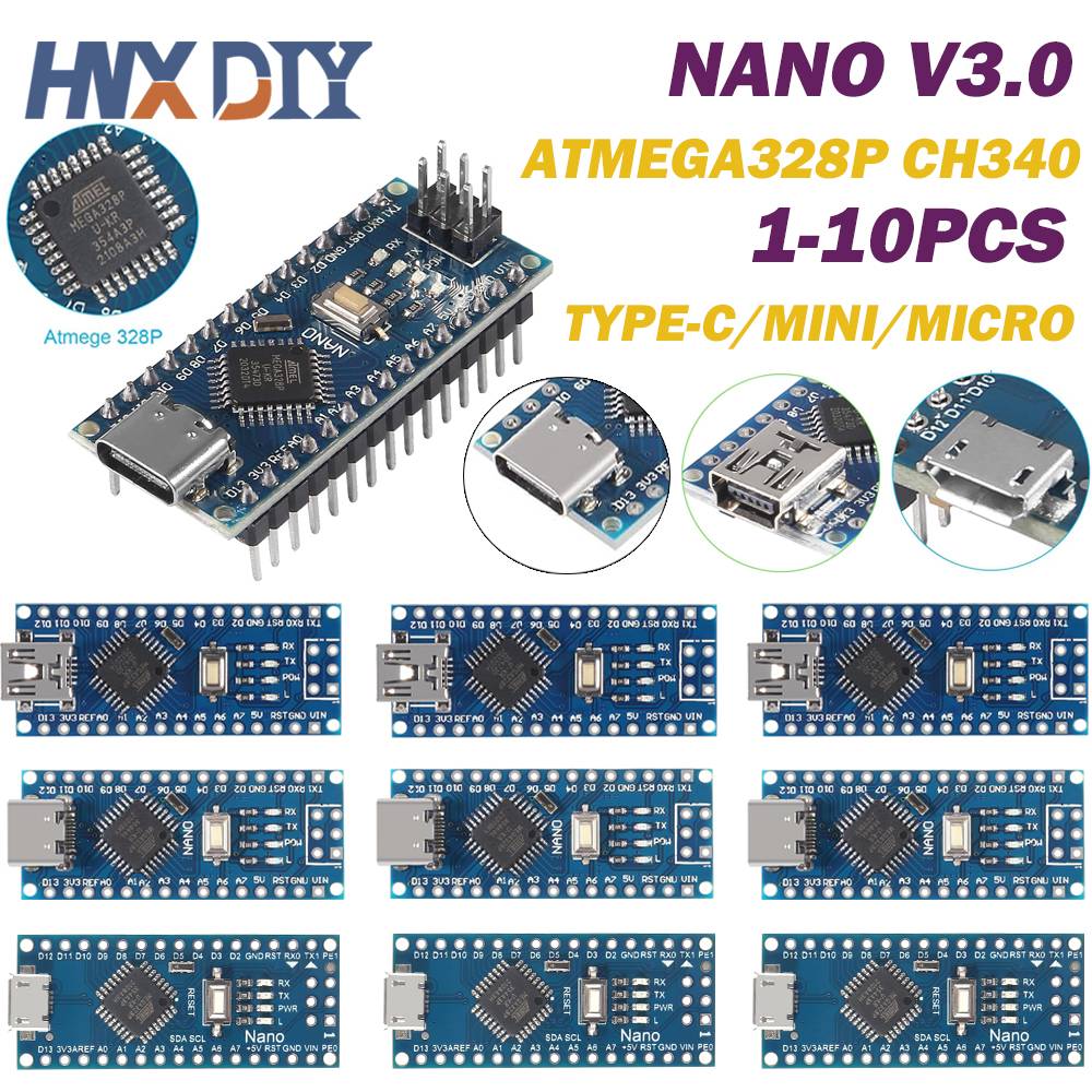 10-1PCS Nano 3.0 ATMEGA328P CH340 USB driver With the bootloader compatible controller Mini / Type-C / Micro 16Mhz for Arduino