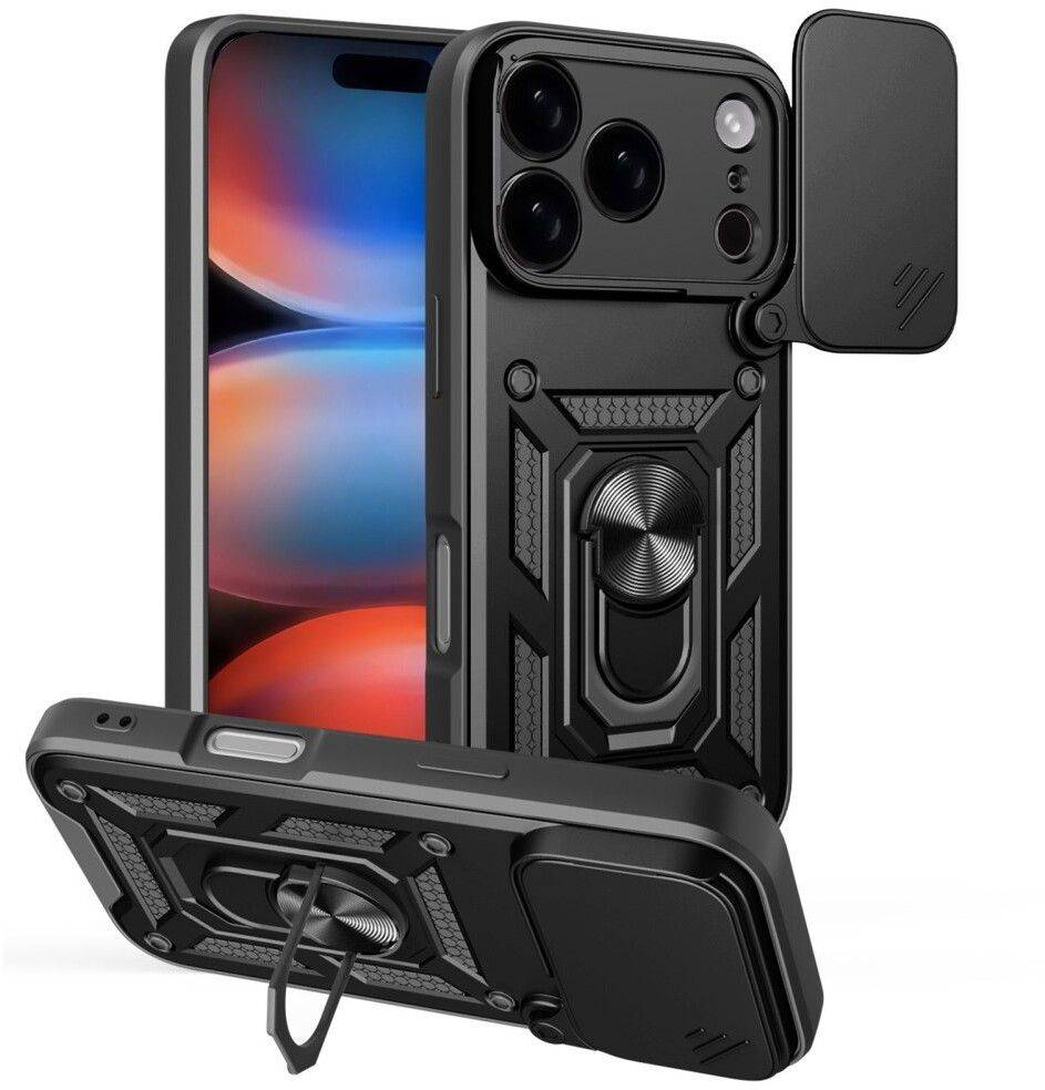 Trolsk Mobilcover Stødsikker med Kamerabeskyttelse og Stativ (iPhone 17 Pro/18 Pro) - Svart.