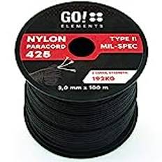 GO!elements 100 m paracordrep av slitstark nylon – 3 mm 425 typ II max. 192 kg – snören för utomhusbruk, universal-rep, överlevnadsarmband, hundkoppel, nylonsnöre, färg: svart