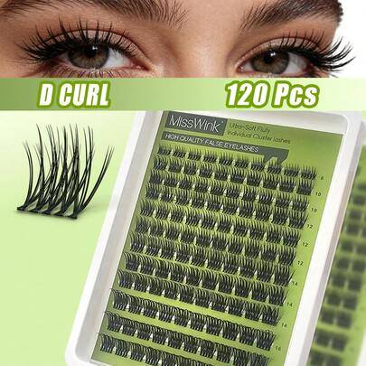Miss Wink 120 kluster D-Curl naturliga ögonfransförlängningar 8-16mm blandat set, handgjorda 3D-bärbara enkel DIY-kombinationer, lämpliga för utflykte