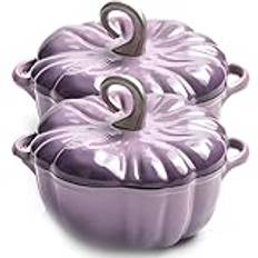 Pumpkin Cast Iron Dutch Oven,3.7l Pumpkin Shape Cooking Pot Enamel Pot,halloween Thanksgiving Decor Pot Gift,Purple,2PCS