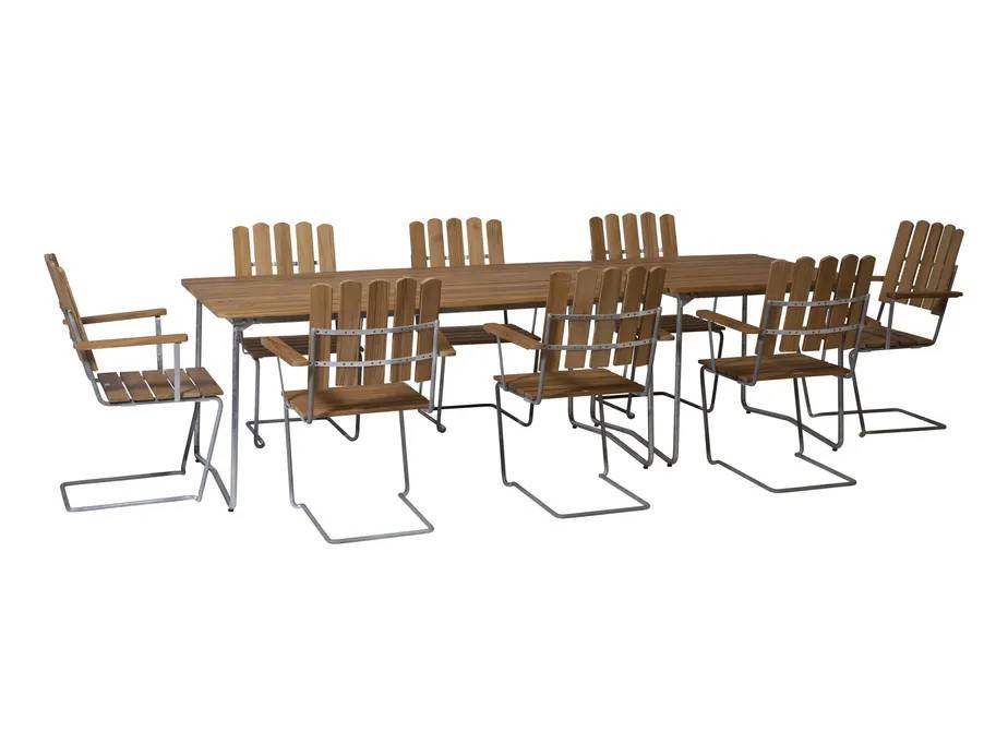 Grythyttan Stålmöbler B31 matgrupp Teak/galvaniseret stål 8 lænestole, bord 84 x 92 cm & bord 170 x 92 cm
