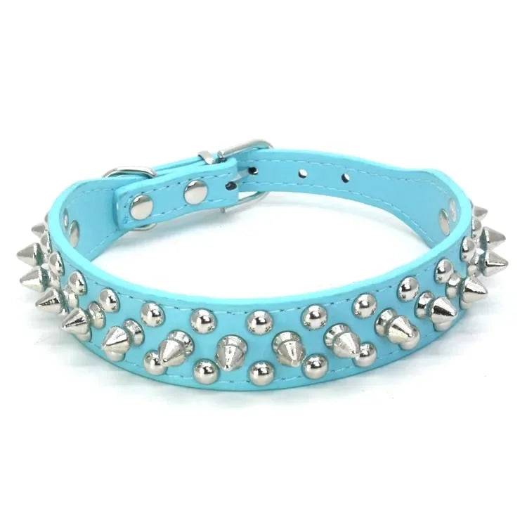 PU Leather Punk Rivet Spiked Collar for Small Dogs & Cats - light blue / M (M)